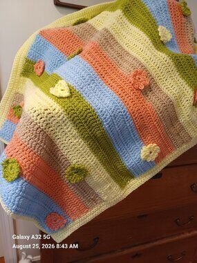 Baby/Children's Blanket Handmade Crocheted Yellow, Blue, Peach, Olive Green, Tan
